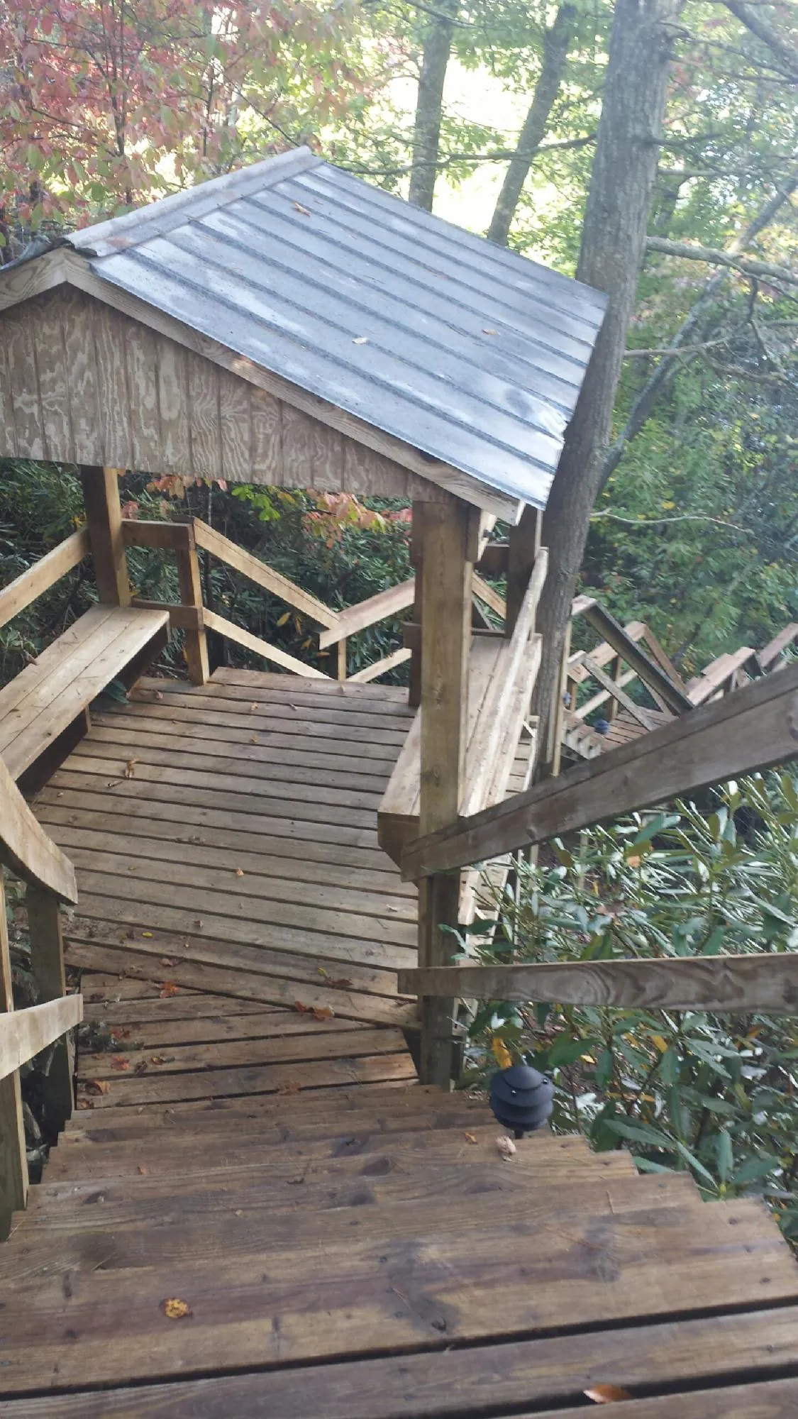 Metal roofed shelter over wooden steps on a wooded walkway — Skylight Repair & Installation work by our crew in Arden